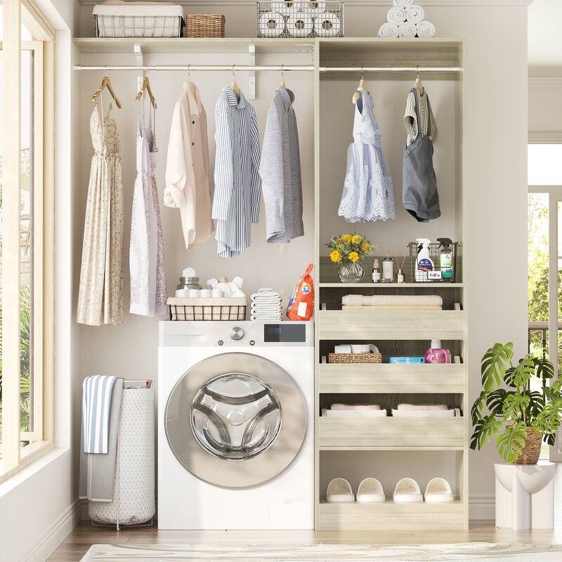 20"-60" Closet System with 3 Wooden Drawers and Sturdy Shelves and Retractable Rods - White Oak