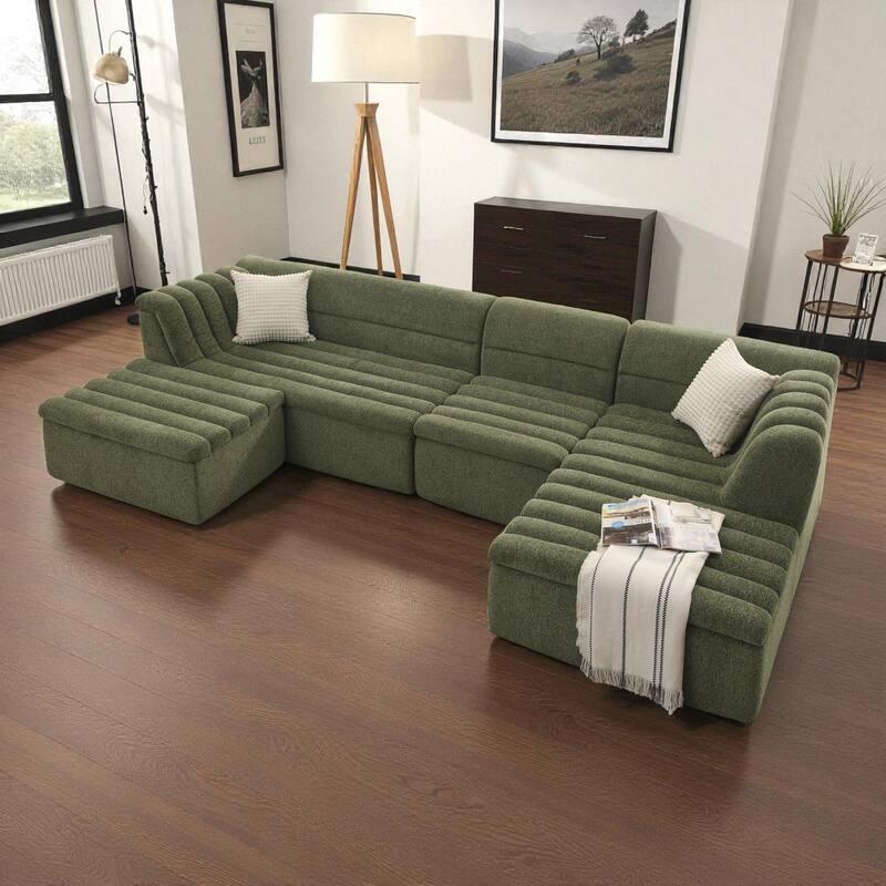 135" Chenille U-Shaped Modular Sectional Couch with Chaise, Movable Ottoman, Deep Seat Boneless Sofa for Living Room - Green