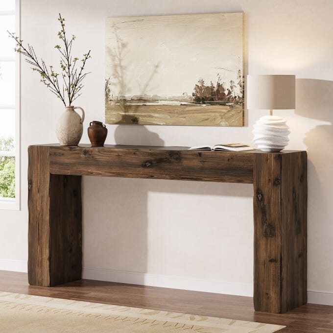 63-inch Solid Wood Console Table, Farmhouse Long Entryway Table