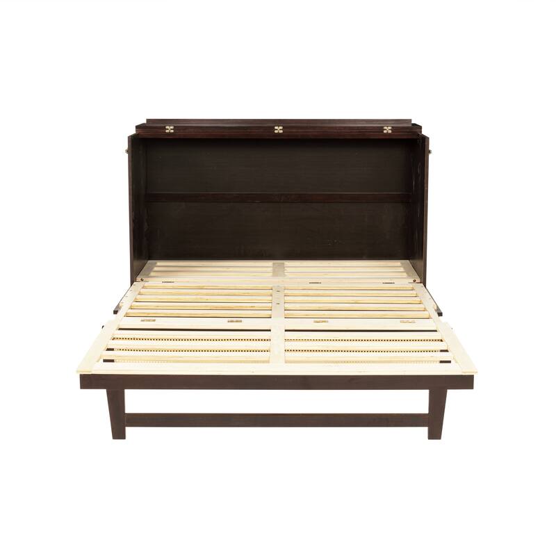 Queen Size Pine Wood Murphy Cabinet Bed with Rattan Decoration and Storage Drawer, Espresso