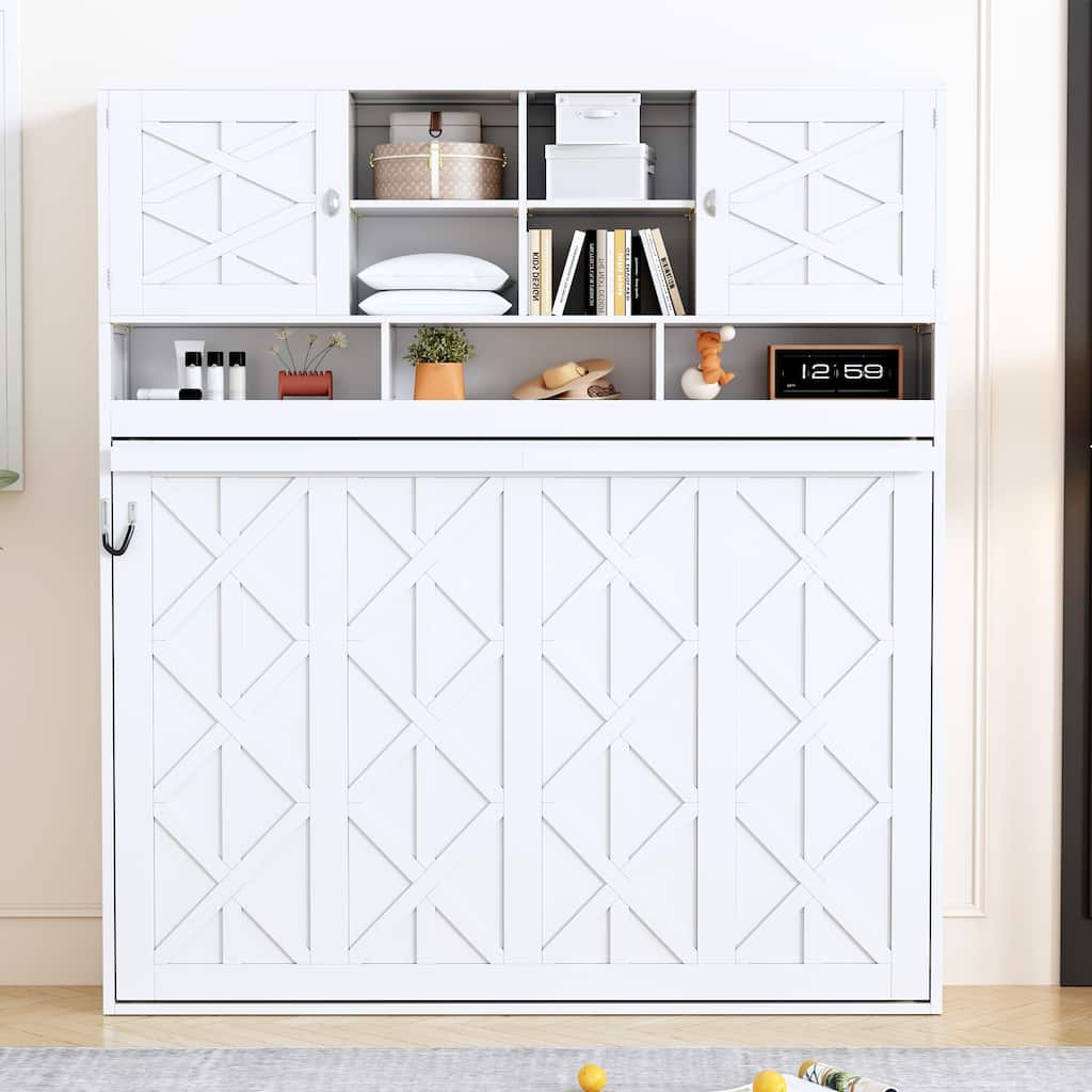 Queen Size Hydraulic Lift Wall Murphy Bed Frame with Diamond Stripes, Large Storage Murphy Bed Cabinet with Top Shelves