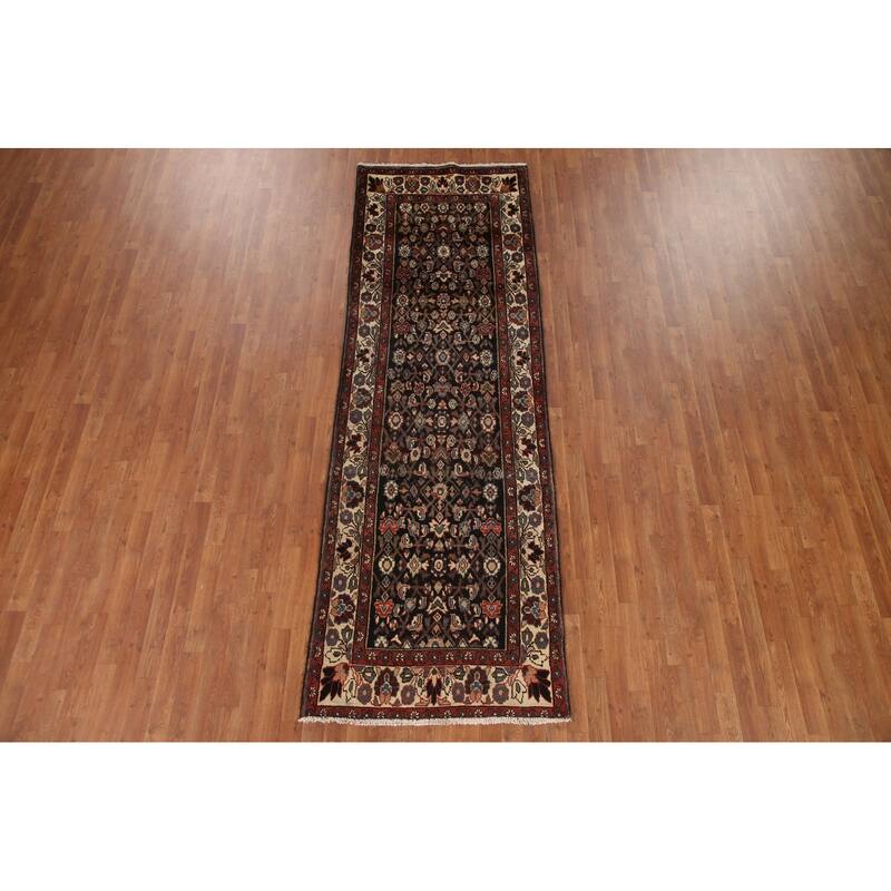 Hand Knotted Oriental 100% Wool Carpet Traditional Geometric Black Malayer Runner Rug - 10' 3'' X 3' 4''