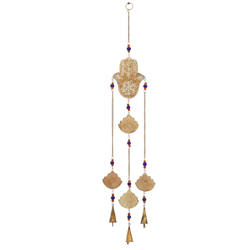 Brown Mango Wood Handmade Hamas Buddha Windchime with Glass Beads and Cone Bells - 5 x 1 x 32