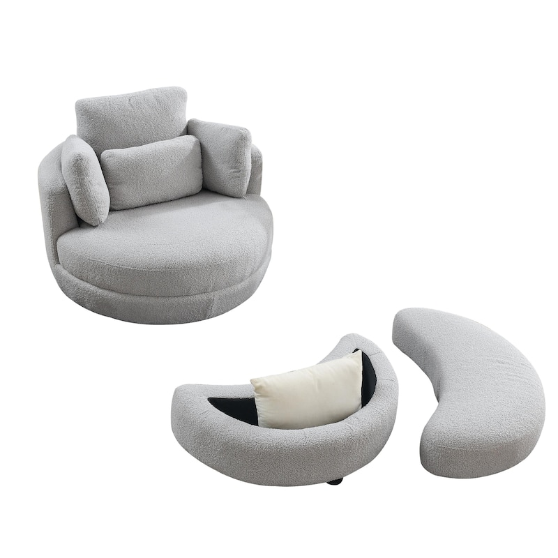 Grey Teddy 52" Upholstered Swivel Barrel Chair with Moon Storage Ottoman