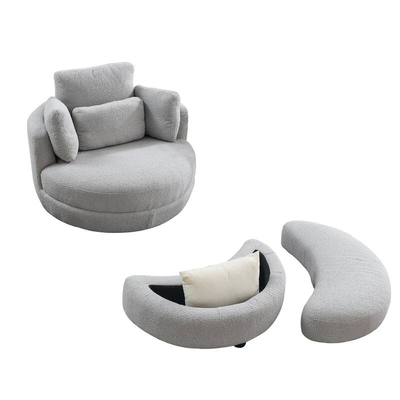 Wide Teddy Fabric Oversized Swivel Barrel Chair with Moon Storage Ottoman, 4 Pillows and 360° Rotation