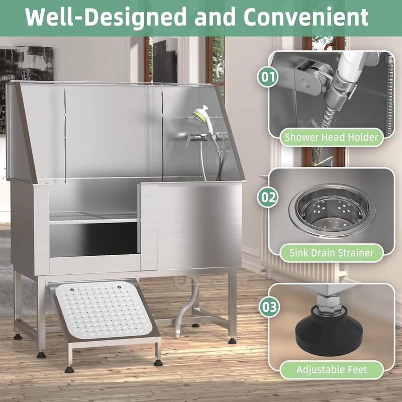 Professional Stainless Steel Dog Washing Station Pet Grooming Bath Tub w/ Ramp