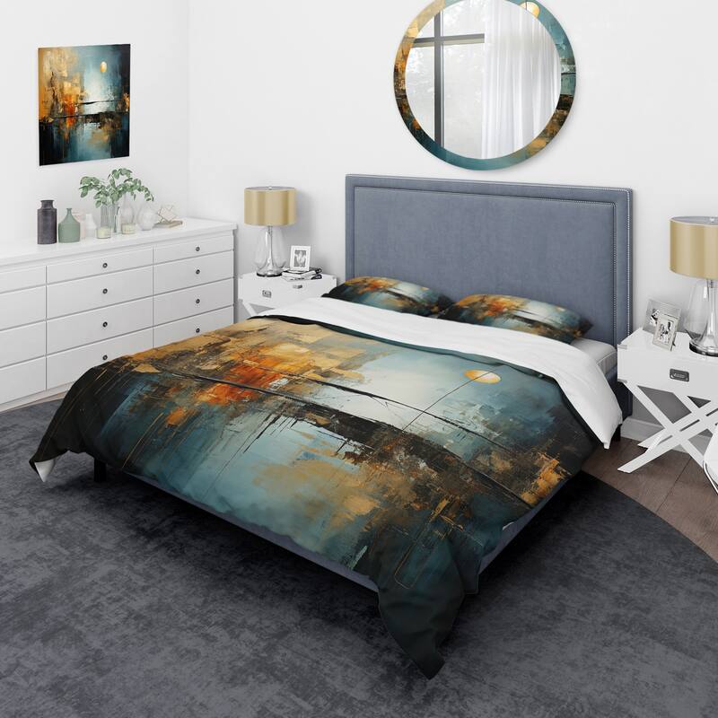 Designart "Teal Orange Bold Energy I" Teal Modern - Bed Cover Set With Shams