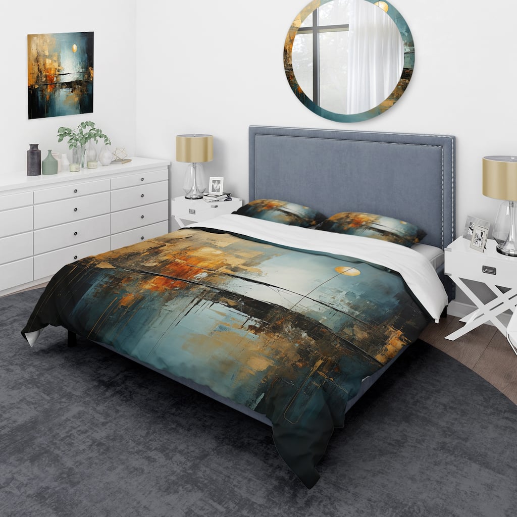 Designart "Teal Orange Bold Energy I" Teal Modern - Bed Cover Set With Shams