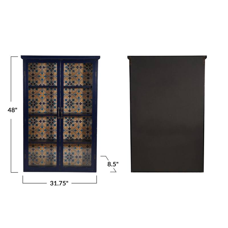 Wood and Glass Cabinet with 4 Shelves and Patterned Paper Back, Distressed Blue and Multicolor - 31.9"L x 8.6"W x 48.0"H