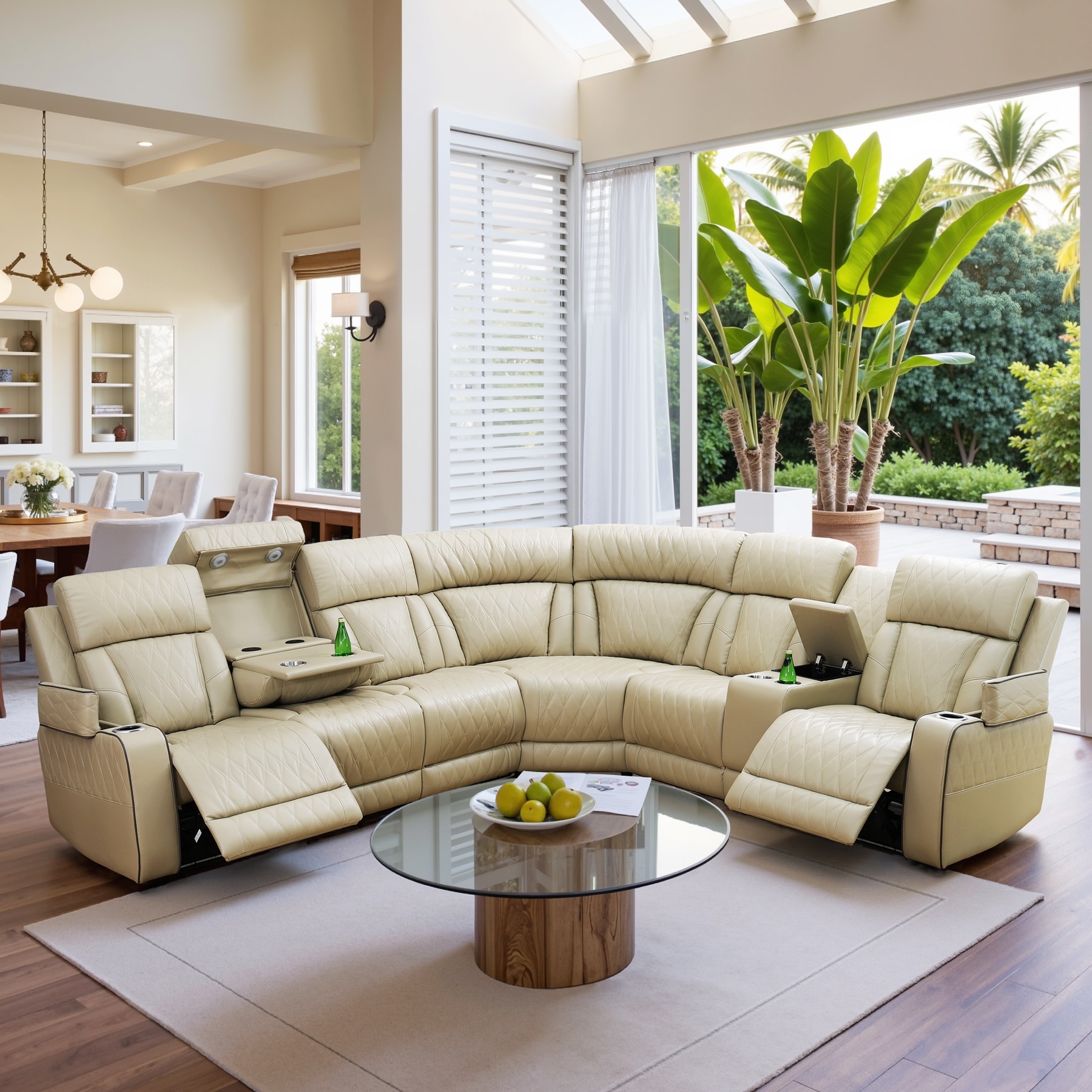Beige Breathing Leather 3-Piece Living Room Recliner Sofa set