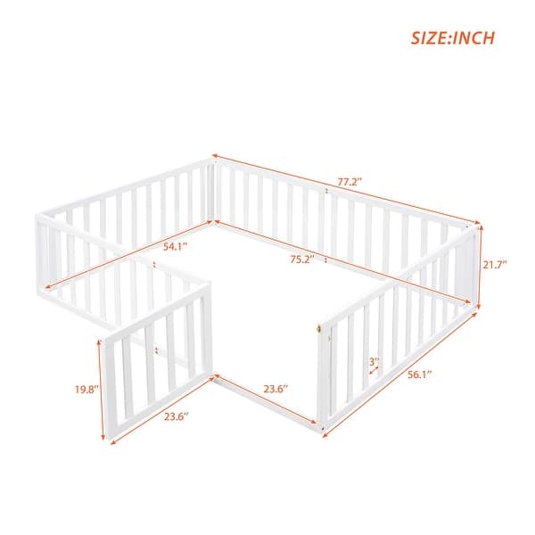 dimension image slide 1 of 4, Safe Play Area, Full Size Wooden Floor Bed Frame with Fence and Door, Open Design Low Bed for Kids, Without Slats