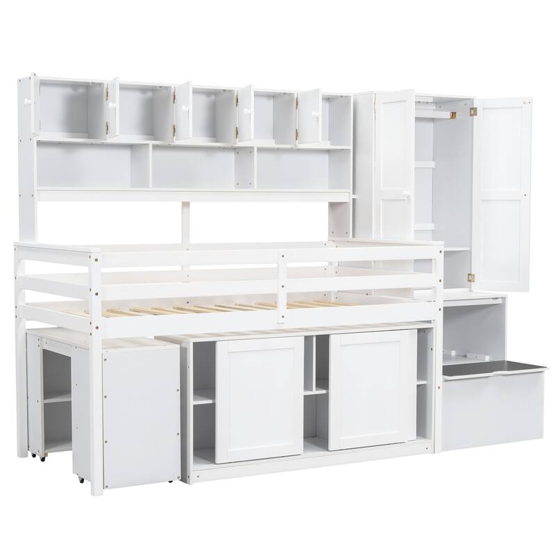 Twin Size Wooden Loft Bed with Integrated Wardrobe, Under-bed Desk, Drawers, with Shelves