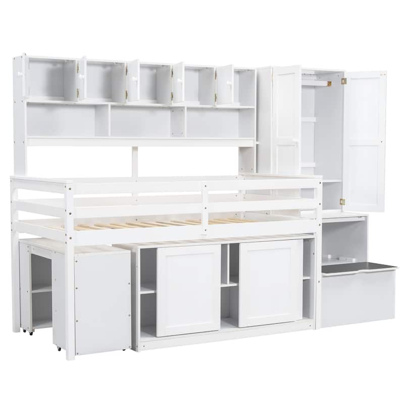 Wooden Loft Bed with Integrated Wardrobe, Under-bed Desk, Drawers, with Shelves