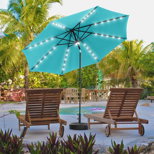 Ainfox 10ft Patio Umbrella with Lights Outdoor Solar Umbrella - Blue with Base