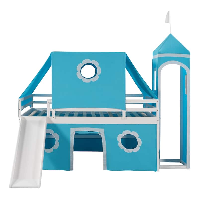 Full Size Bunk Bed with Slide, Tent, and Castle Design