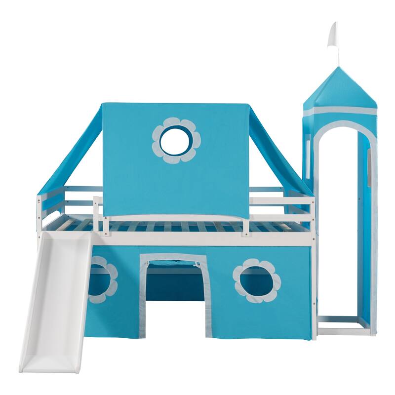 Full Size Bunk Bed with Slide Blue Tent and Tower