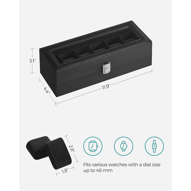 6-Slot Black Watch Display Box with Clear Glass Cover and Velvet Lining to Protect Your Collection - 4.4”D x 11.9”W x 3.1”H