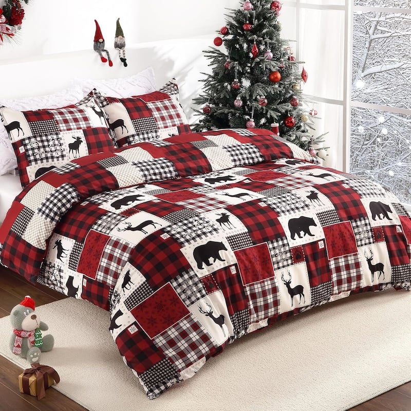Christmas Reindeer Theme Duvet Cover and Pillow Shams Set, Bedding Set - Queen