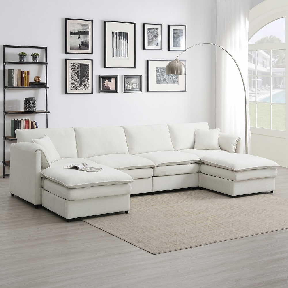 White 134" Chenille U-Shaped 6-Seat Modular Sectional Sofa with Double Cushions and Detachable Ottomans