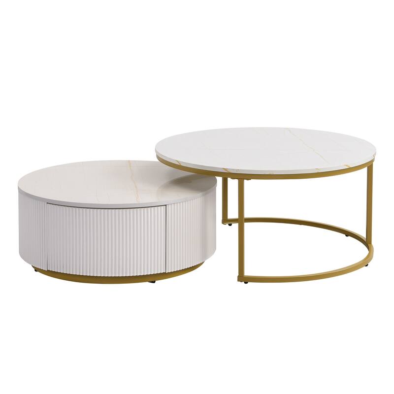 Modern Round Nesting Coffee Table with Drawer and Gold Base for Living Room