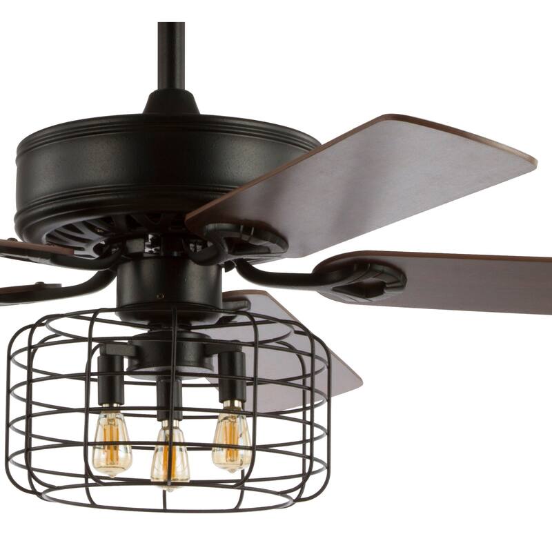 Edith 52" 3-Light Industrial Metal/Wood LED Ceiling Fan With Remote, Forged Black by JONATHAN Y