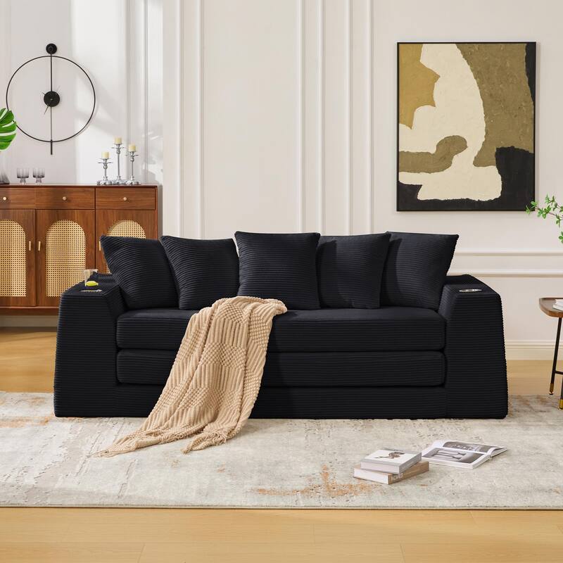 2 in 1 Convertible Sofa Bed, Sleeper Sofa with Storage Pockets, Pull Out Loveseat Couch with Two Cup Holders