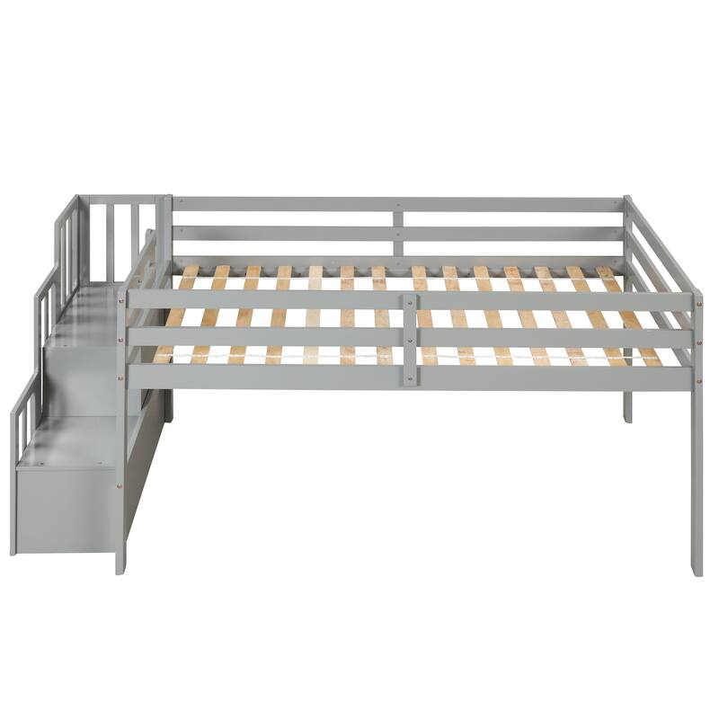 Grey Twin Pine Loft Bed with Staircase & Fence