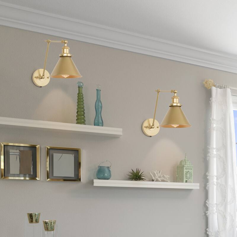 Set of 2 Mid-Century Modern Plug-in Gold Swing Arm Light Wall Sconce