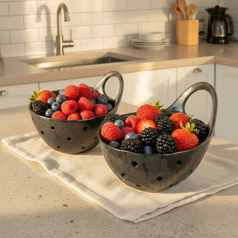 Set of 2 Cream Stoneware Colanders - Black - 2 Piece