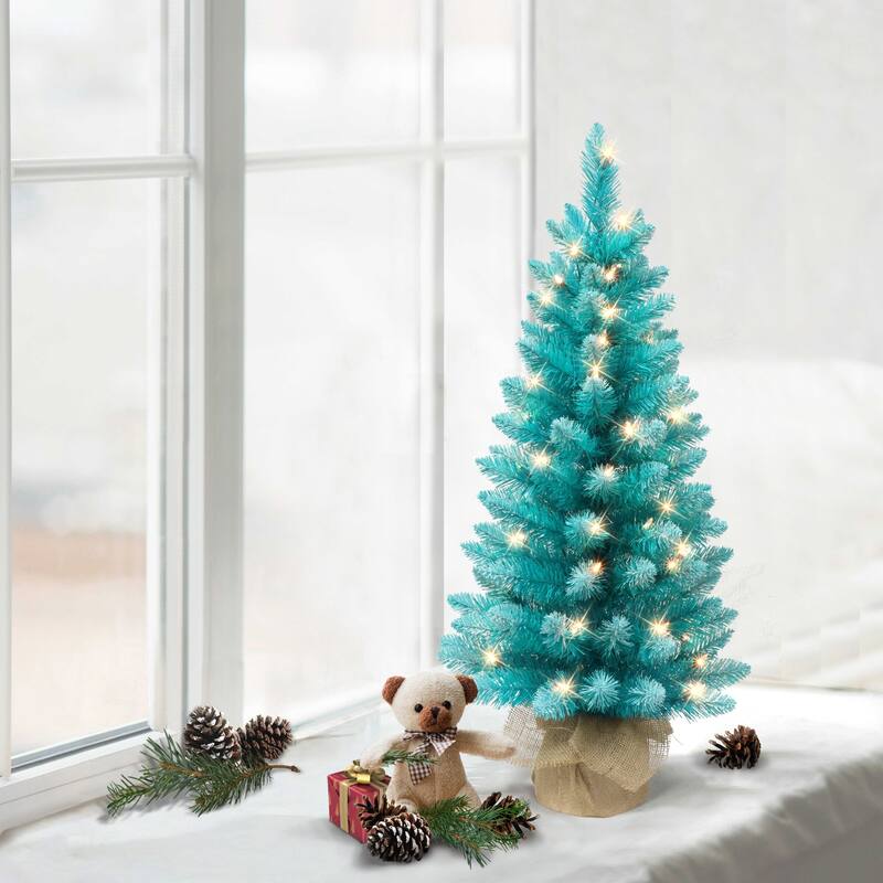 Pre-lit Artificial Teal Pine Christmas Tree with Tan Sac - 3’ - Clear Lights - 3 Foot