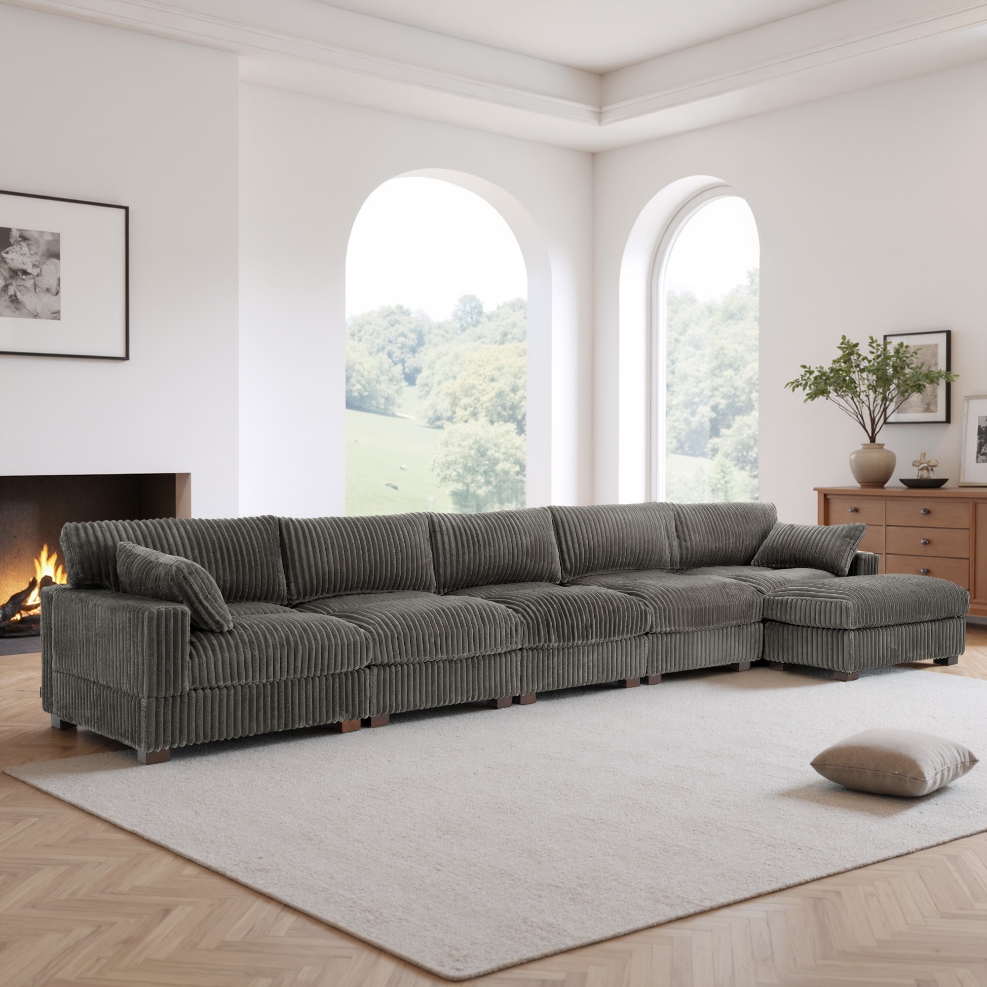 Modern Plush Corduroy Fabric Modular Sectional Sofa with Ottoman