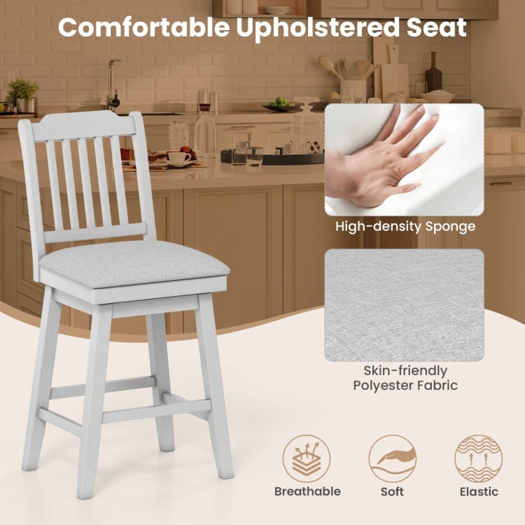 Grey Counter Bar Stools Set of 2 with 360 Swivel Padded Cushions, Rubber Wood Frame and Footrests - 18.5" x 22.5" x 42"
