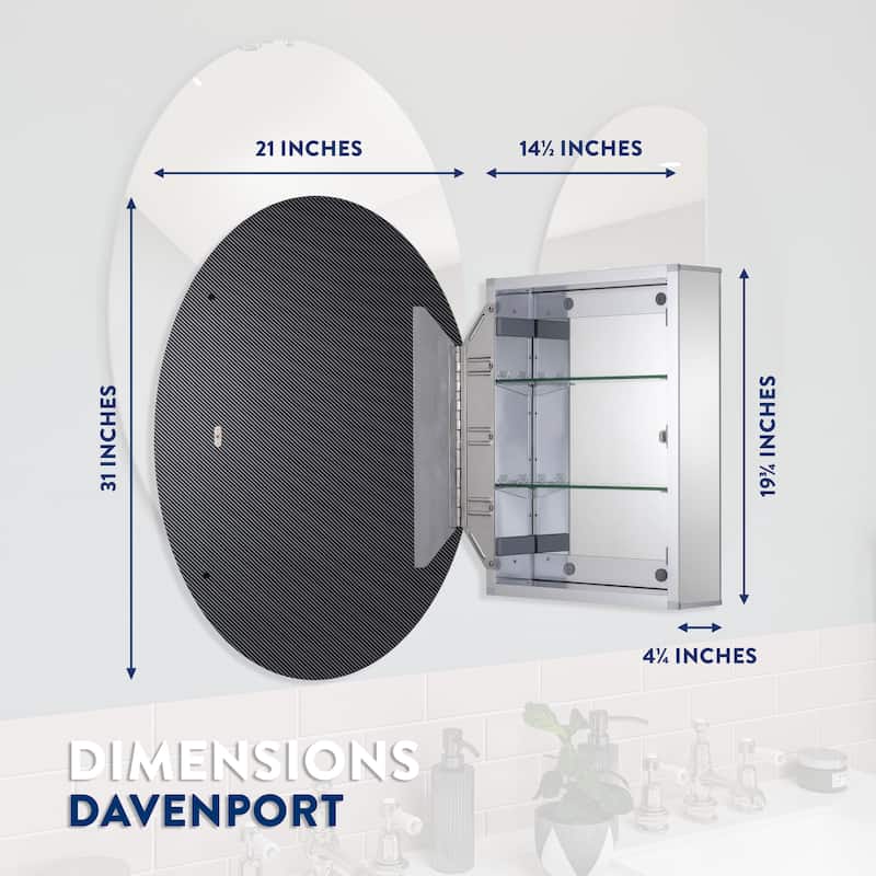 Croydex Davenport Oval Aluminum Medicine Cabinet, Easy Install, Recessed or Wall Mounted 21W x 31H
