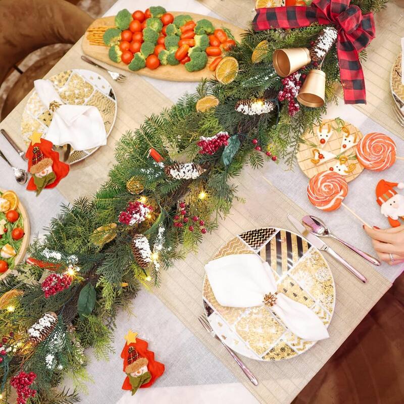 6FT Christmas Garland with LED Lights Berries Pine Cones Bells - N/A