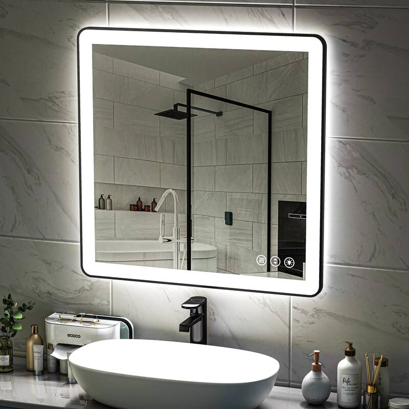 TOOLKISS Black Frame Anti-Fog Dimmable LED Light Vanity Bathroom Mirror with Backlit and Front Light