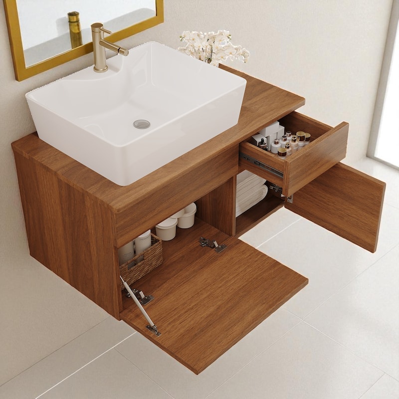 31.5" Floating Bathroom Vanity with Vessel Ceramic Sink Soft Close Drawer and Cabinet Storage