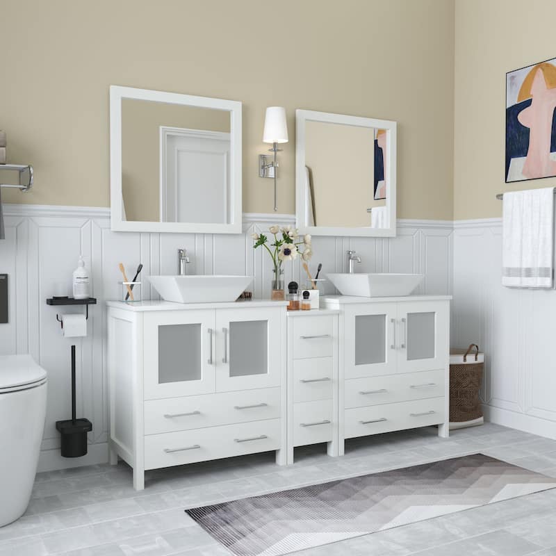 Vanity Art 72" Double Sink Bathroom Vanity Set with Engineered Marble Top Free Mirror - 72 x 18.5 x 36 Inches