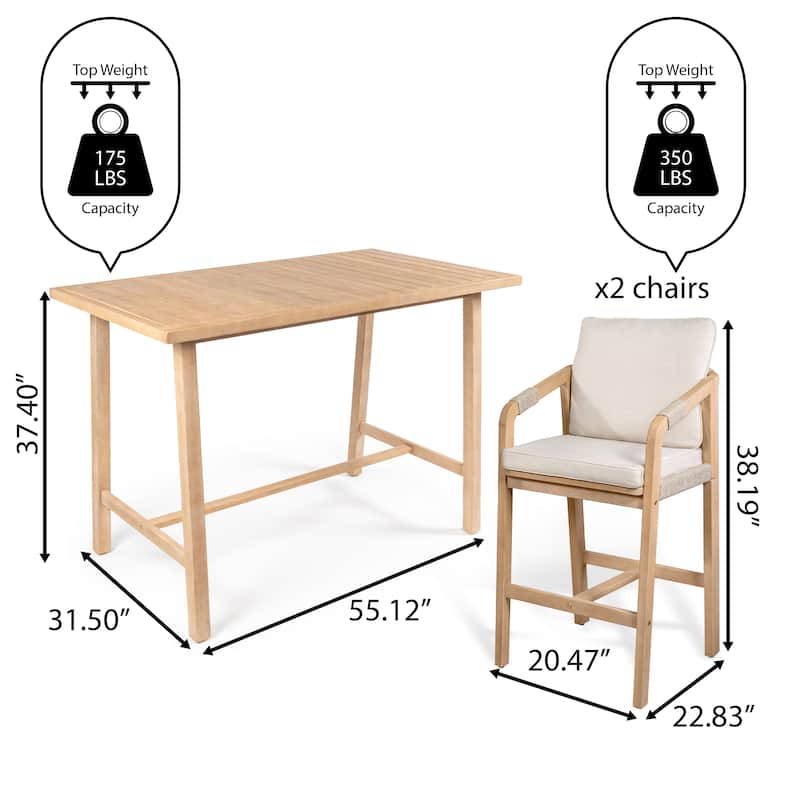 Javea Modern Coastal 3-Piece Acacia Wood Outdoor Bar Set with Cushions, by JONATHAN Y