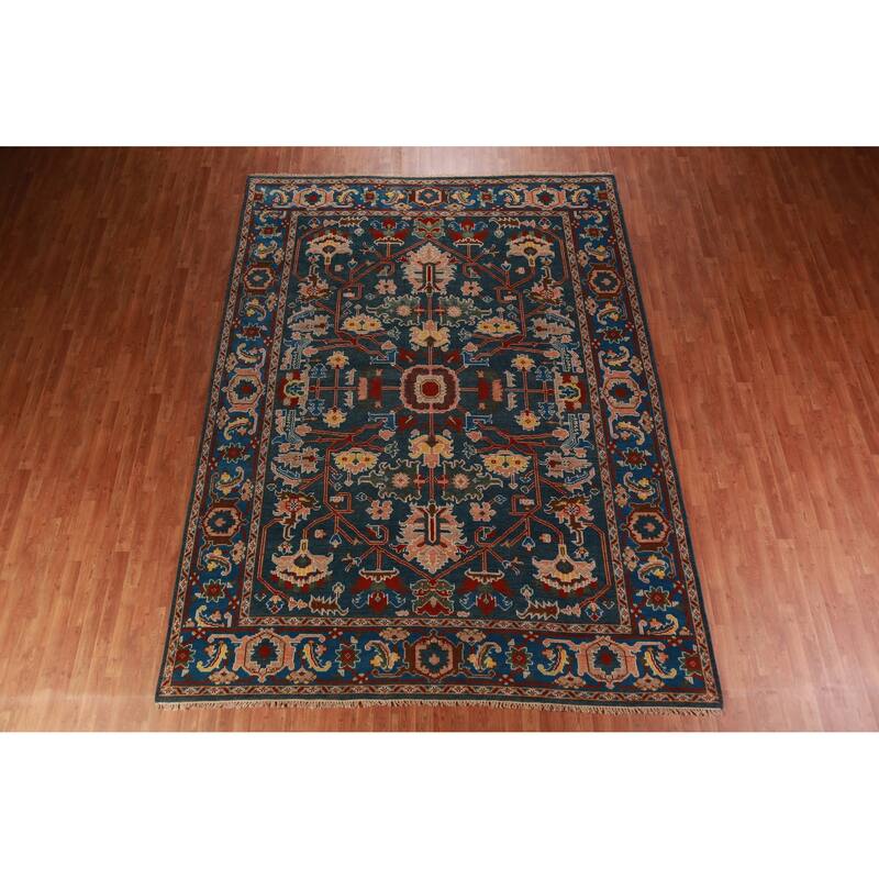All-Over Blue Oushak Oriental Area Rug Handmade Wool Carpet - 8'11" x 11'9"