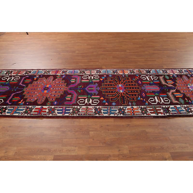 Wine Red Tribal Anatolian Turkish Runner Rug Hand-Knotted Wool Carpet - 3'7"x 14'1"