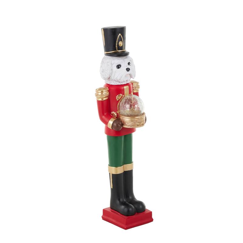 Fiberglass Dog Tall Soldier Nutcracker Christmas Sculpture with LED Light Snow Globe - Red - Roche River Decor
