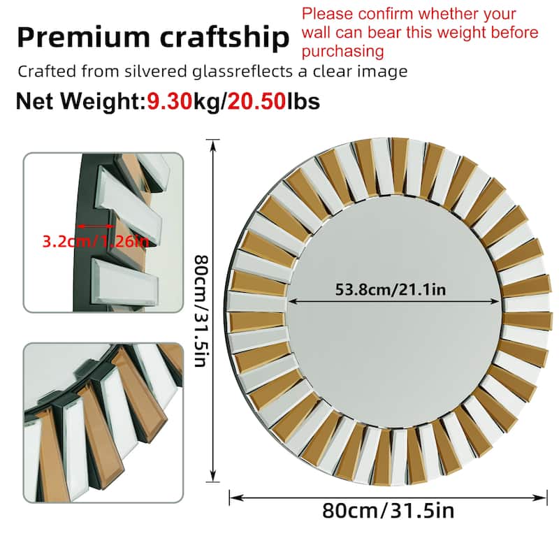Large Sunburst Glass Round Wall Mirror
