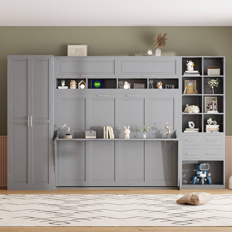 Queen Murphy Bed with Wardrobe & Drawers - Gray