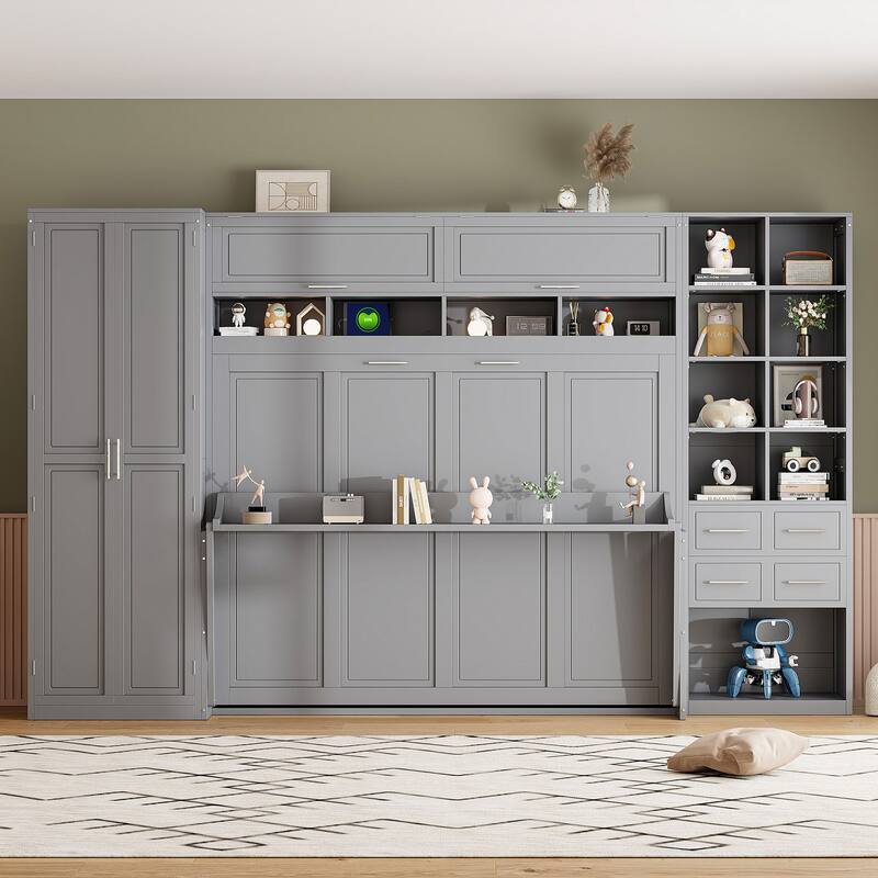 Queen Size Murphy Bed with Side Wardrobe & Flip Design, Foldable Wooden Wall Bed with Storage Drawers & Shelf for Home Office