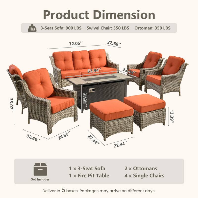HOOOWOOO 8-piece Wicker Patio Ergonomic Conversation Set with 54" Fire Pit