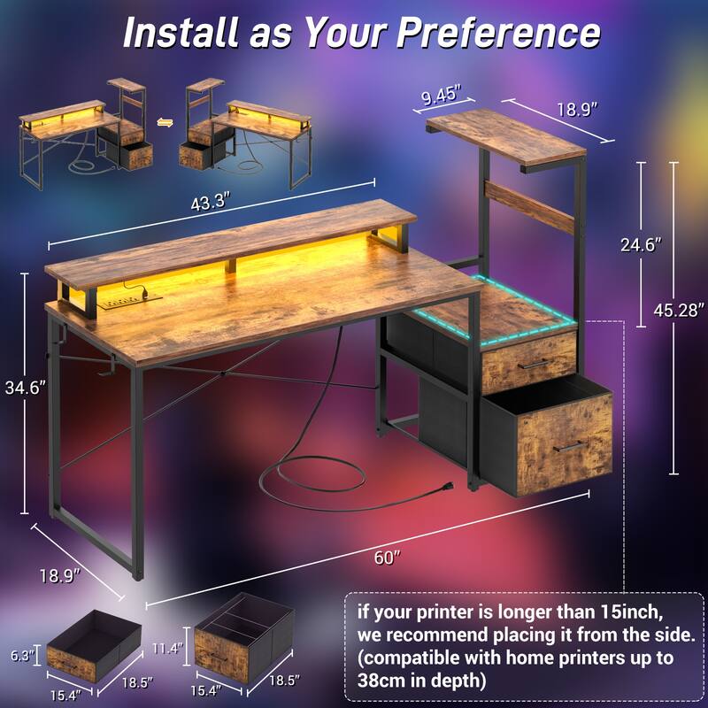 60'' Reversible Gaming Desk with Monitor Stand & Fabric Drawers，Home Office Computer Desk with RGB LED Strip & Power Outlets