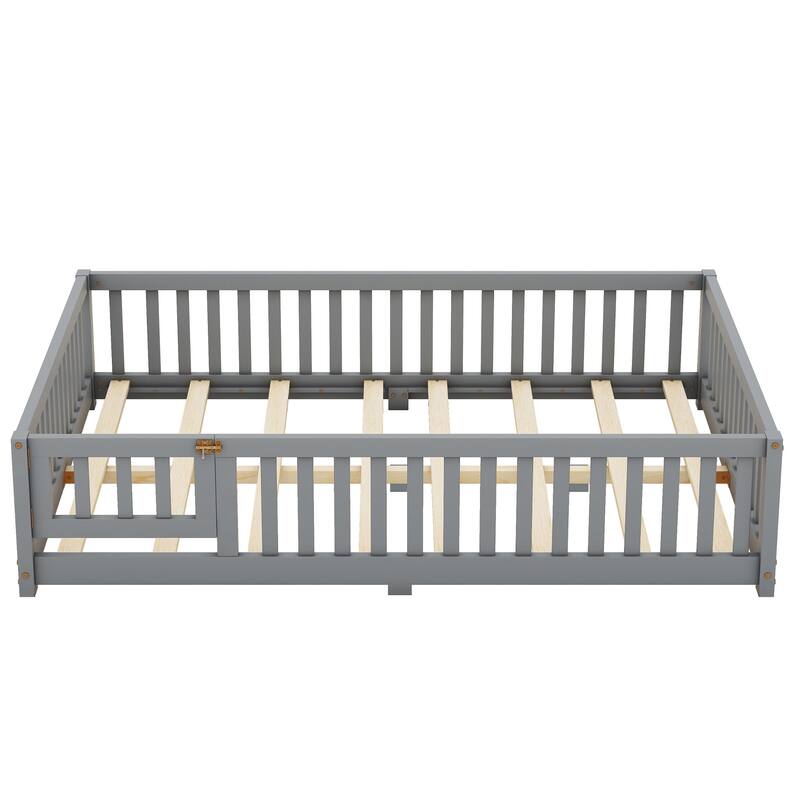 Pine Wood Floor Bed with Safety Guardrails and Door for Kids