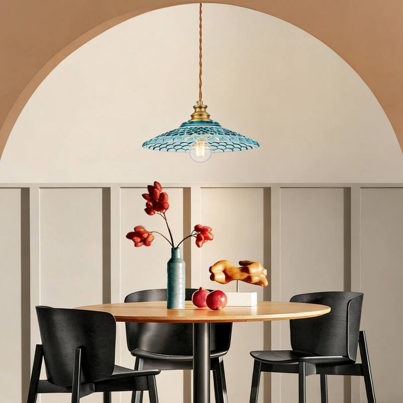 1-Light Vintage Brass & Textured Blue Glass Pendant Light for Kitchen Island - 1 Light