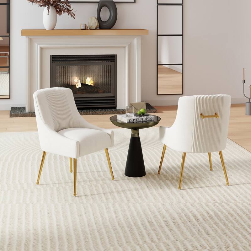SEYNAR Modern Glam Boucle Pleated Velvet Dining Chair or Vanity Chair Set of 2 with Rear Handle - Beige