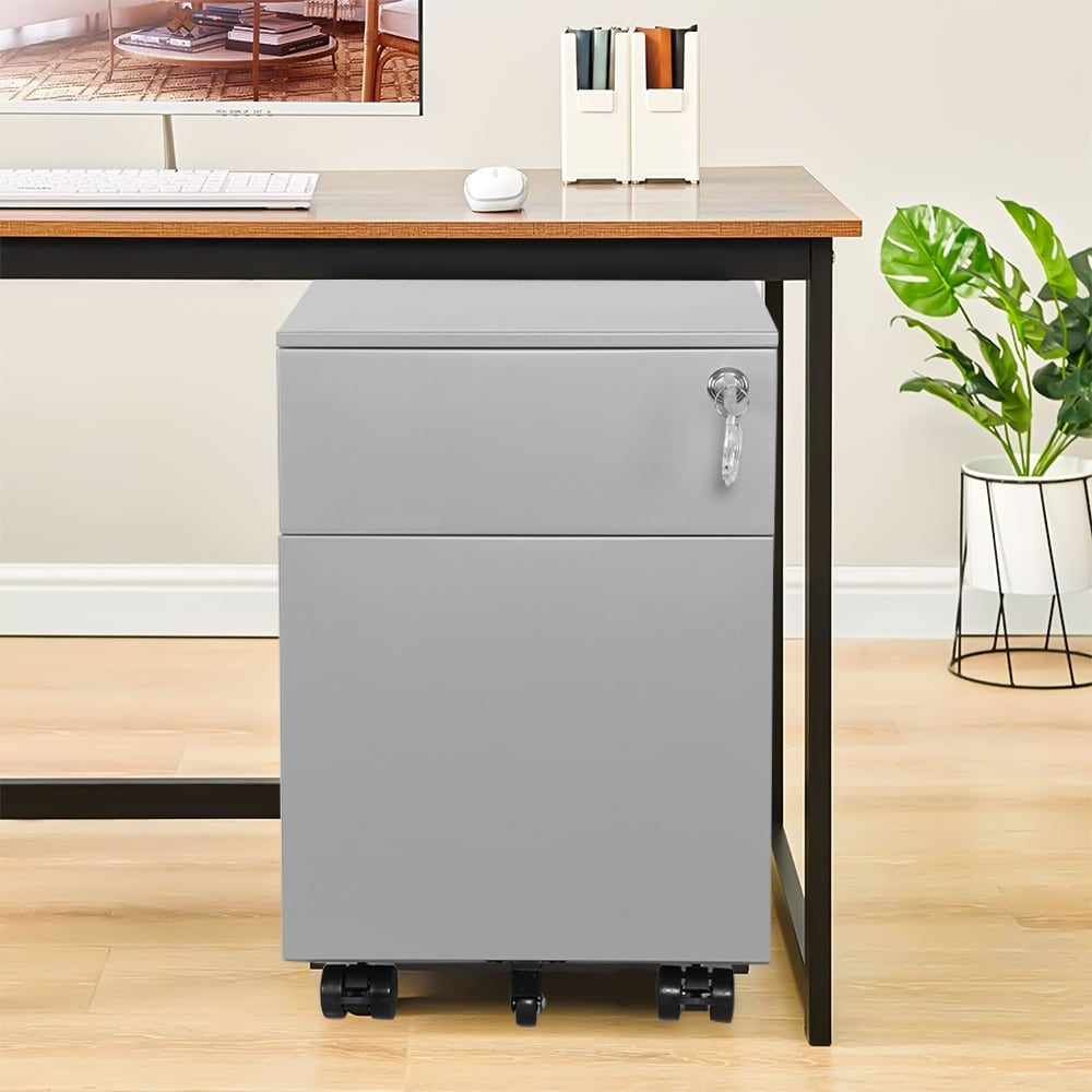 Grey Steel File Cabinet with Lock 2 Drawers Universal Wheels